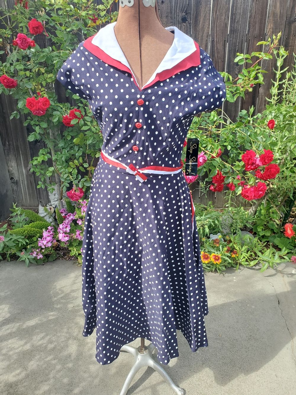 Stop Staring Navy Polka Dot Midi Dress with Red Trim